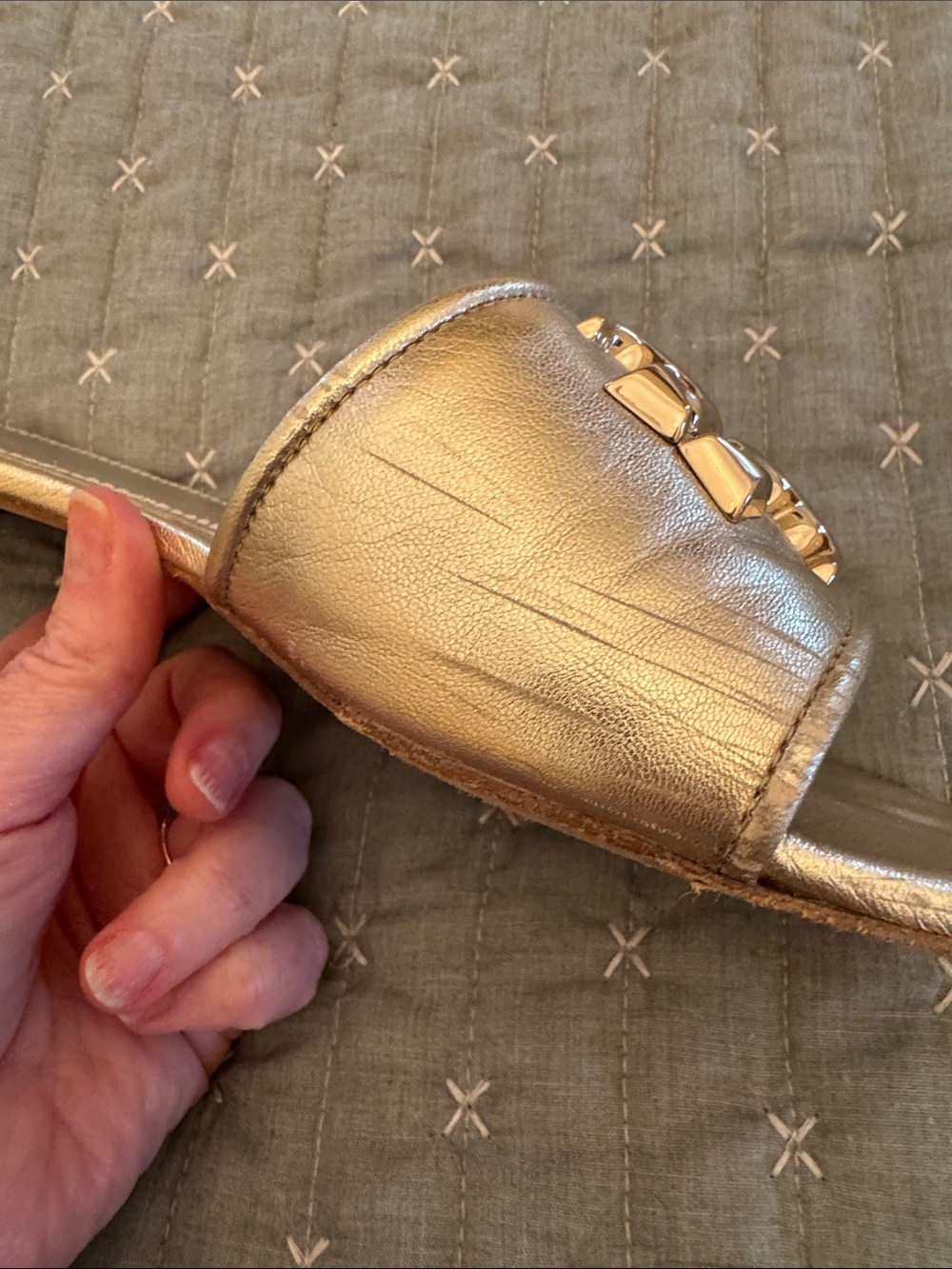 Tory Burch Gold Logo Slide Sandals - Metallic Leather - Picture 6 of 9